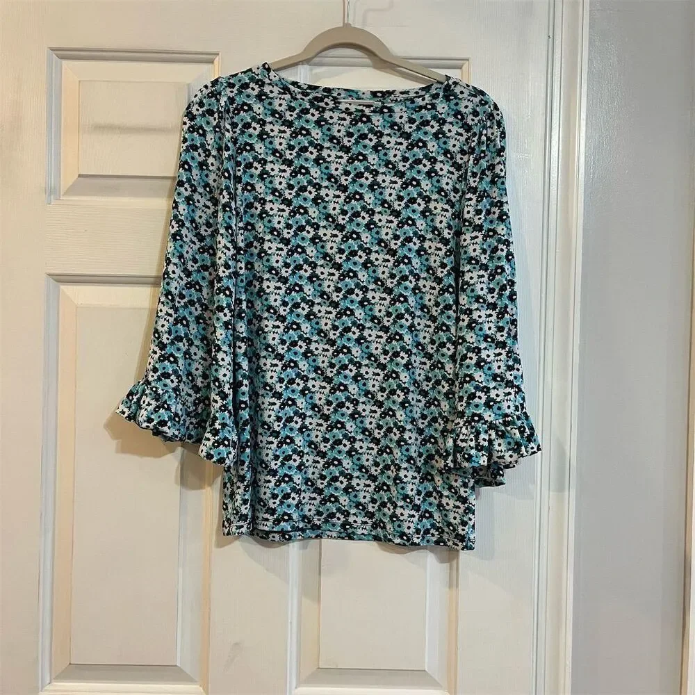 Michael Kors Women's Floral Bell Sleeve Shirt Blue Size S